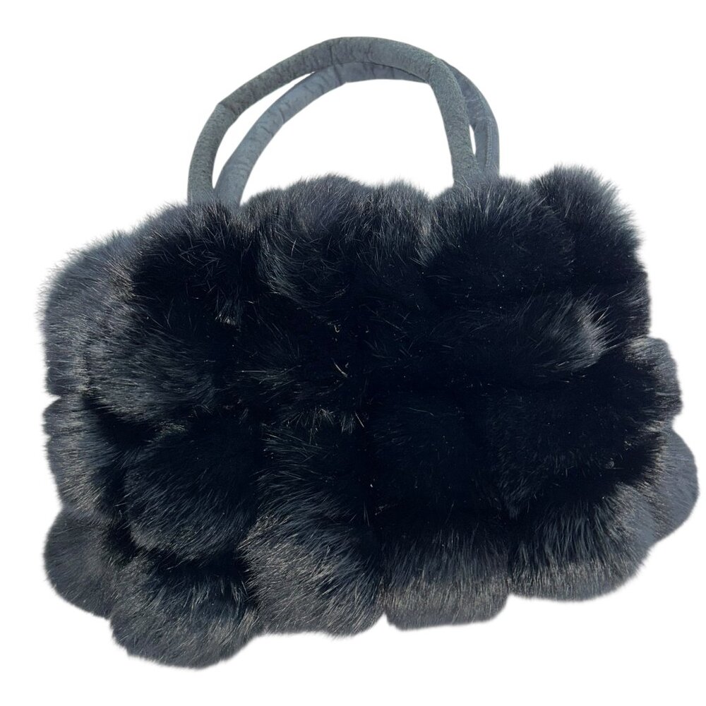 Real Rabbit fur balls mini tote purse bag approx 7x5"